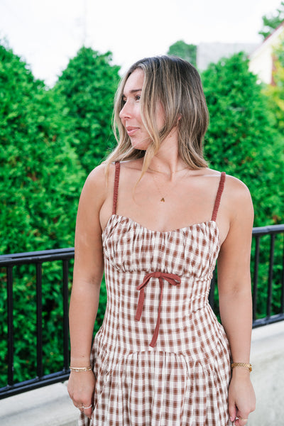 Gingham Daydream Midi Dress - Brown
