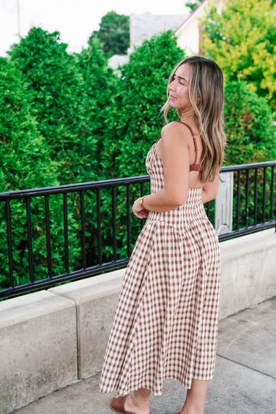 Gingham Daydream Midi Dress - Brown