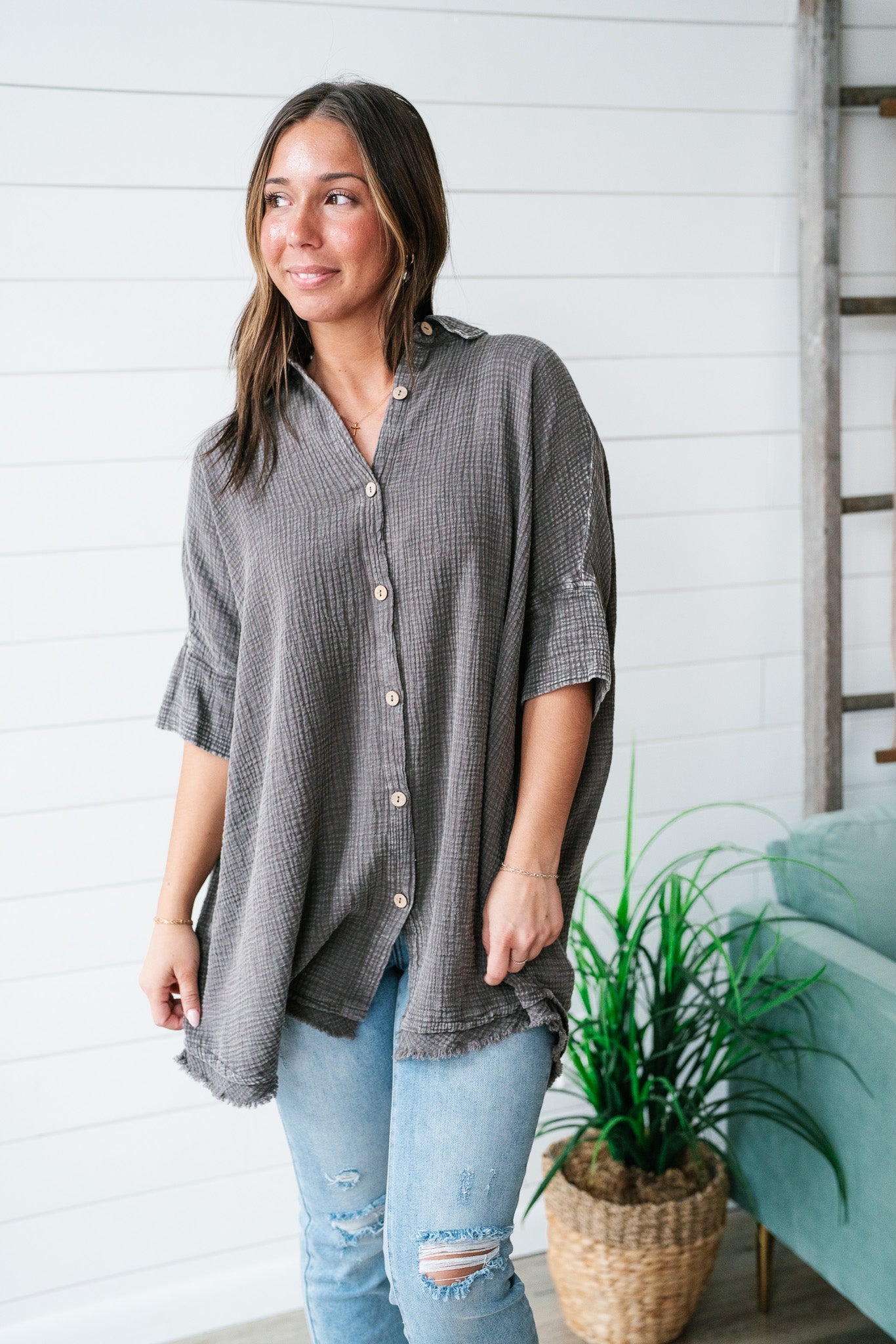 Just The One Gauze Button Up Tunic - Ash