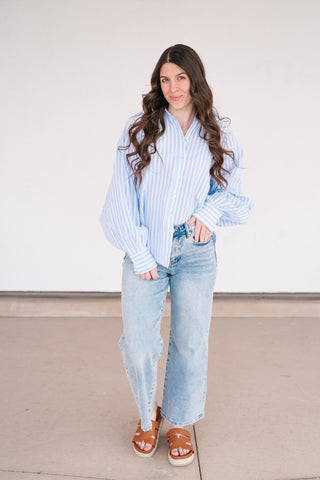Weekend Getaway Striped Button Up Shirt - Blue