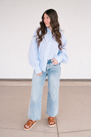 Weekend Getaway Striped Button Up Shirt - Blue