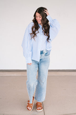 Weekend Getaway Striped Button Up Shirt - Blue