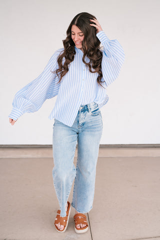 Weekend Getaway Striped Button Up Shirt - Blue