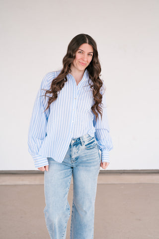 Weekend Getaway Striped Button Up Shirt - Blue