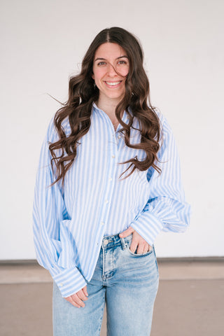 Weekend Getaway Striped Button Up Shirt - Blue