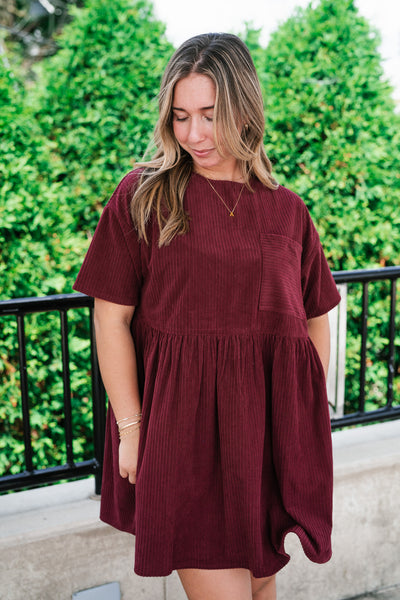 Harvest Hour Corduroy Mini Dress - Burgundy