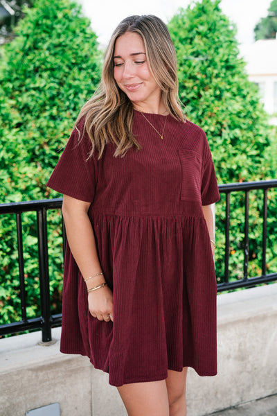 Harvest Hour Corduroy Mini Dress - Burgundy
