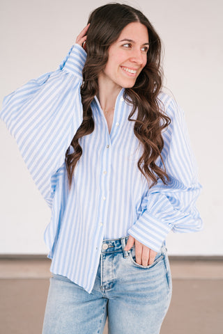 Weekend Getaway Striped Button Up Shirt - Blue