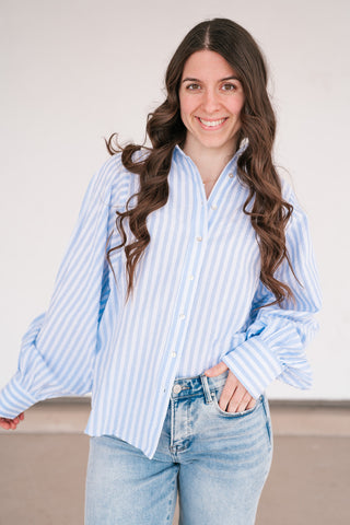 Weekend Getaway Striped Button Up Shirt - Blue