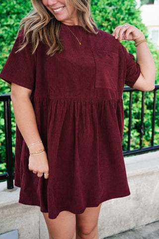 Harvest Hour Corduroy Mini Dress - Burgundy