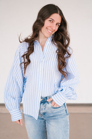 Weekend Getaway Striped Button Up Shirt - Blue