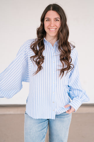 Weekend Getaway Striped Button Up Shirt - Blue