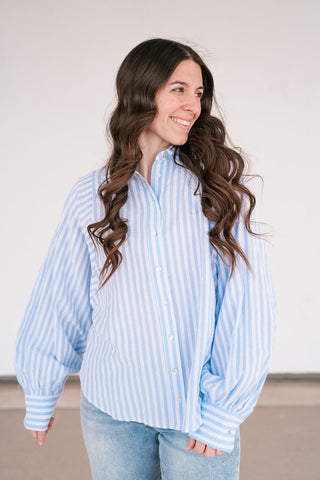 Weekend Getaway Striped Button Up Shirt - Blue