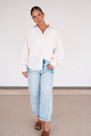Weekend Getaway Striped Button Up Shirt - Natural