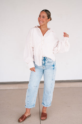 Weekend Getaway Striped Button Up Shirt - Natural