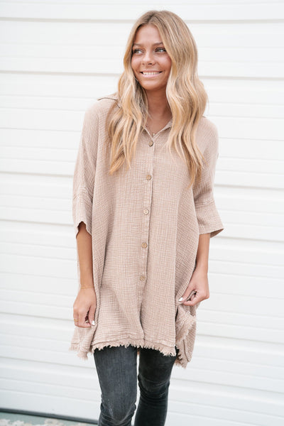 Just The One Gauze Button Up Tunic - Mushroom