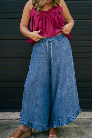 On The Move Ruffle Pant - Denim