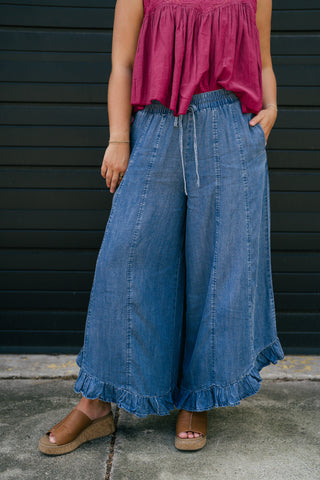 On The Move Ruffle Pant - Denim