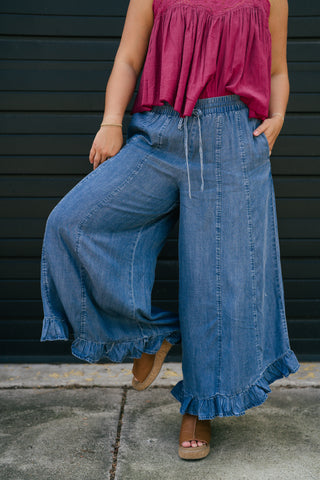 On The Move Ruffle Pant - Denim