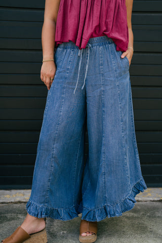 On The Move Ruffle Pant - Denim