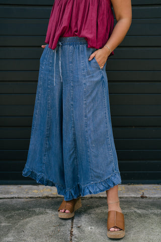 On The Move Ruffle Pant - Denim