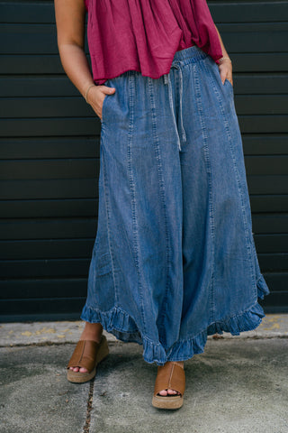 On The Move Ruffle Pant - Denim