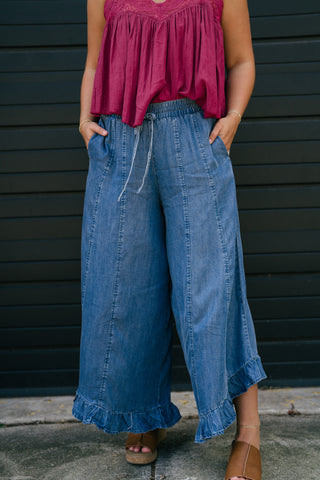 On The Move Ruffle Pant - Denim