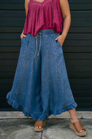 On The Move Ruffle Pant - Denim
