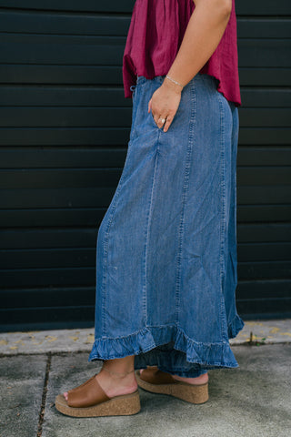 On The Move Ruffle Pant - Denim