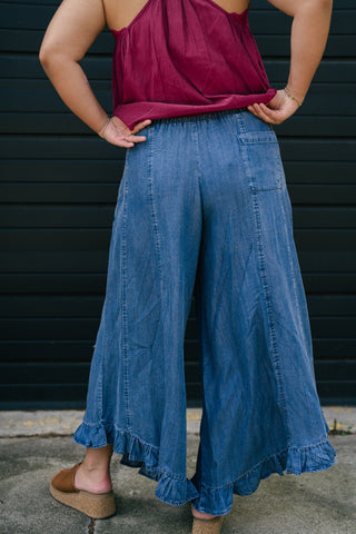 On The Move Ruffle Pant - Denim