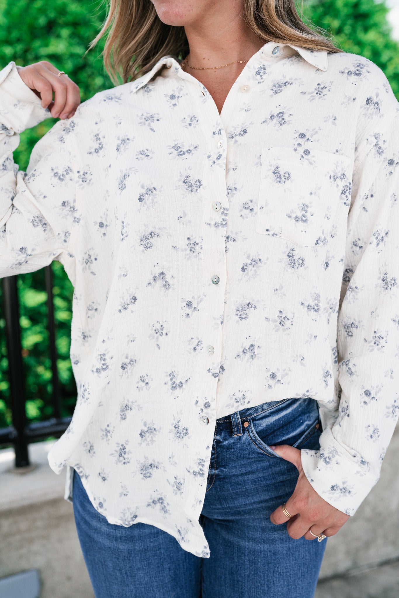 Rose Meadow Button-Up Top - Dusty Blue