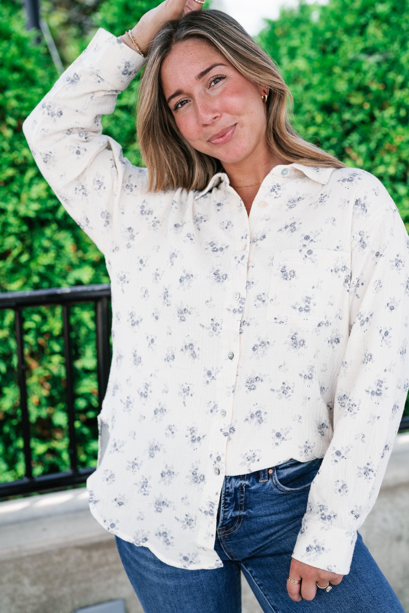 Rose Meadow Button-Up Top - Dusty Blue