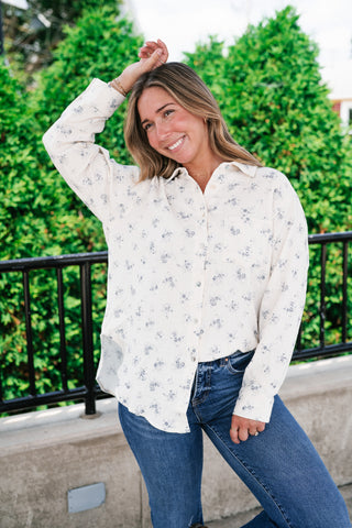 Rose Meadow Button-Up Top - Dusty Blue