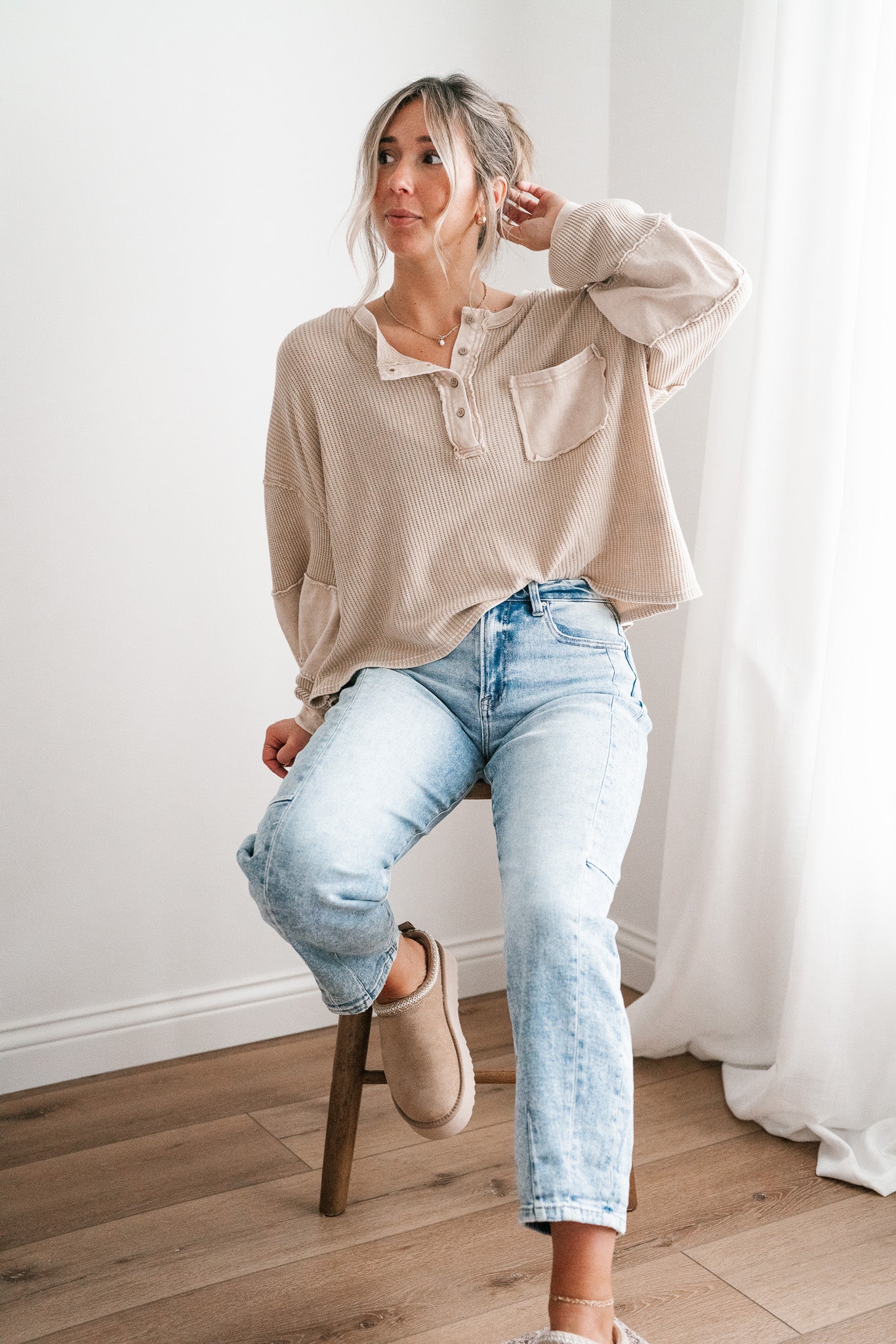 Coffee Hour Waffle Knit Top - Beige