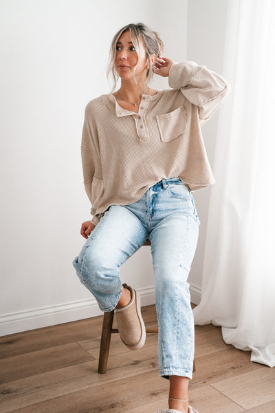 Coffee Hour Waffle Knit Top - Beige