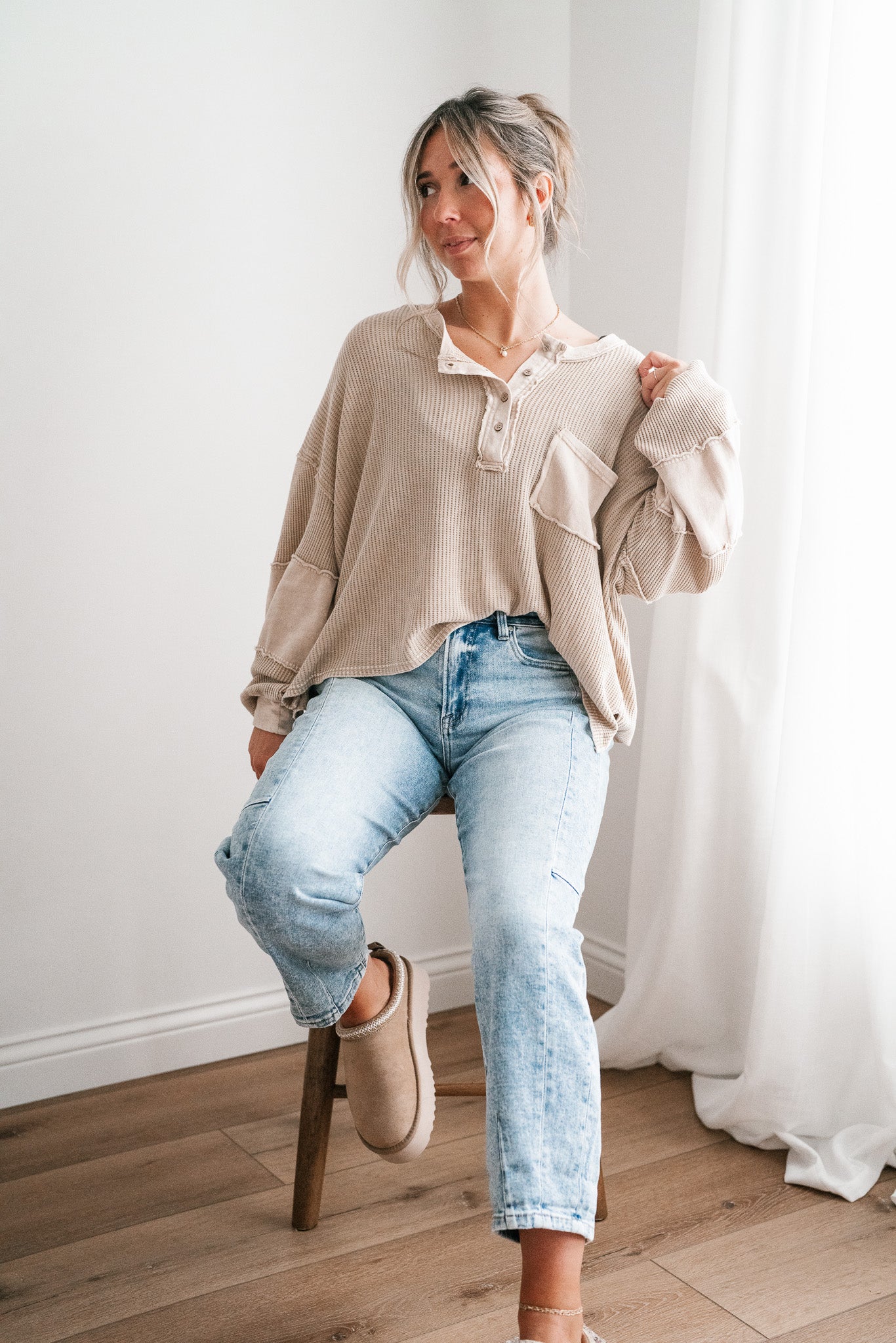 Coffee Hour Waffle Knit Top - Beige