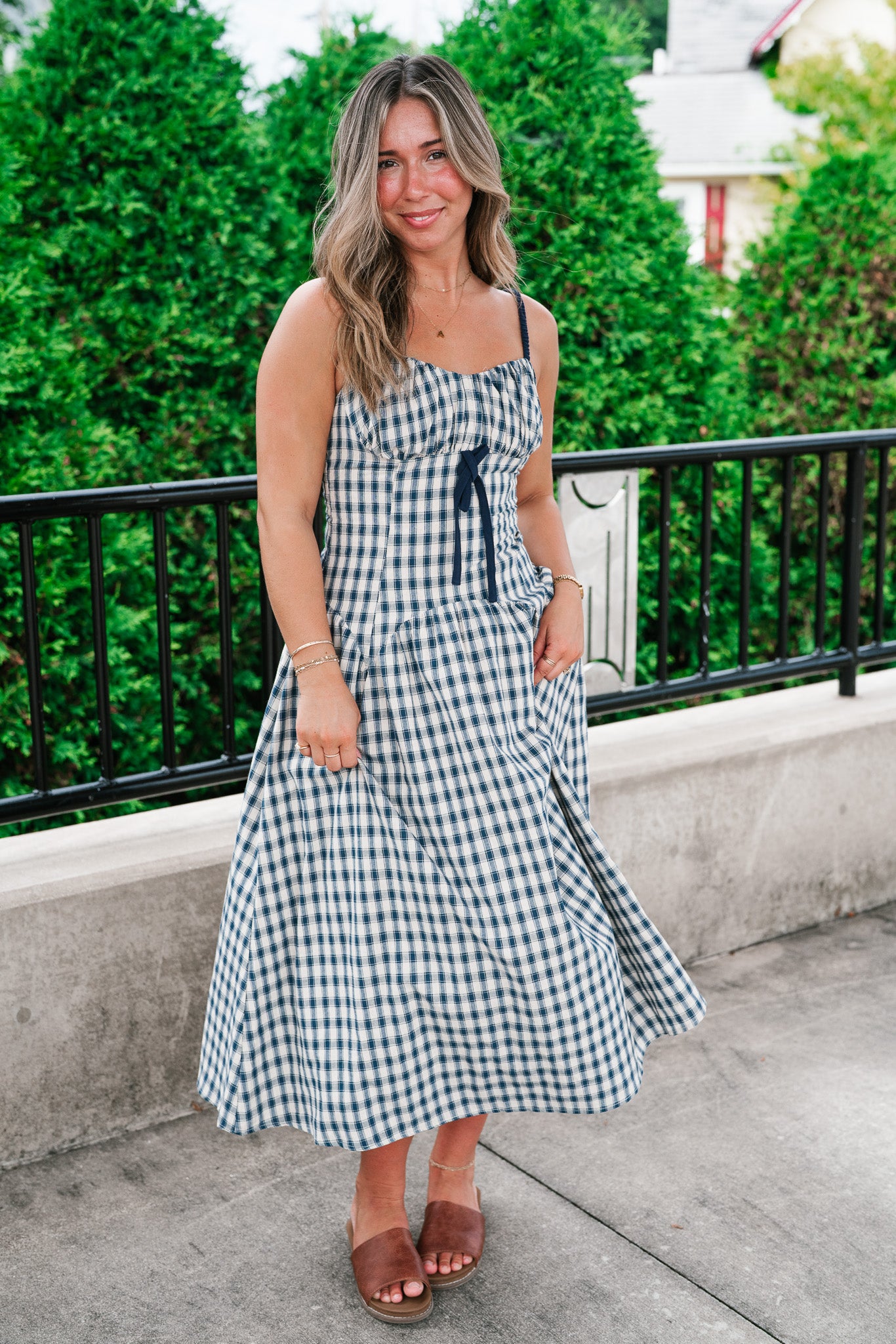 Gingham Daydream Midi Dress - Navy Blue