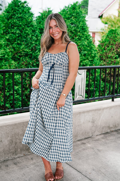 Gingham Daydream Midi Dress - Navy Blue