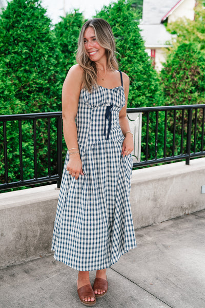 Gingham Daydream Midi Dress - Navy Blue