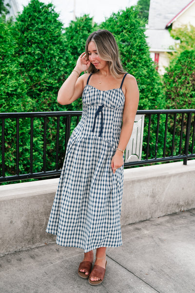 Gingham Daydream Midi Dress - Navy Blue