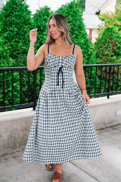 Gingham Daydream Midi Dress - Navy Blue