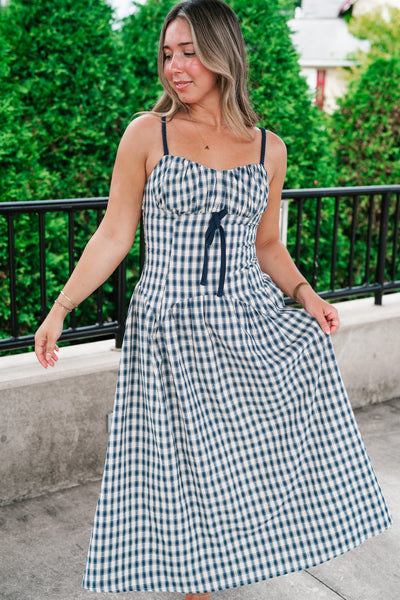 Gingham Daydream Midi Dress - Navy Blue