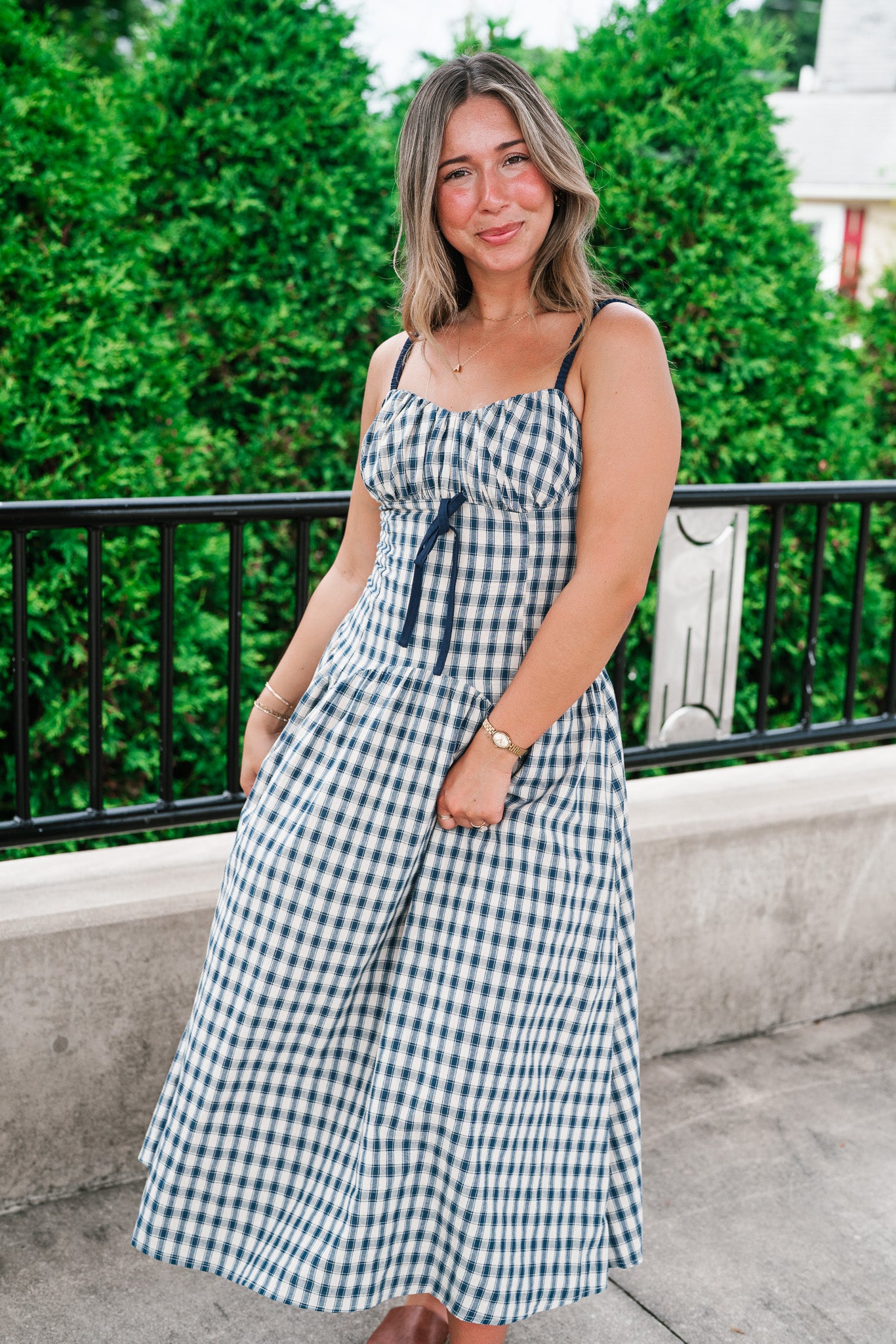 Gingham Daydream Midi Dress - Navy Blue