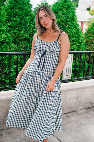 Gingham Daydream Midi Dress - Navy Blue