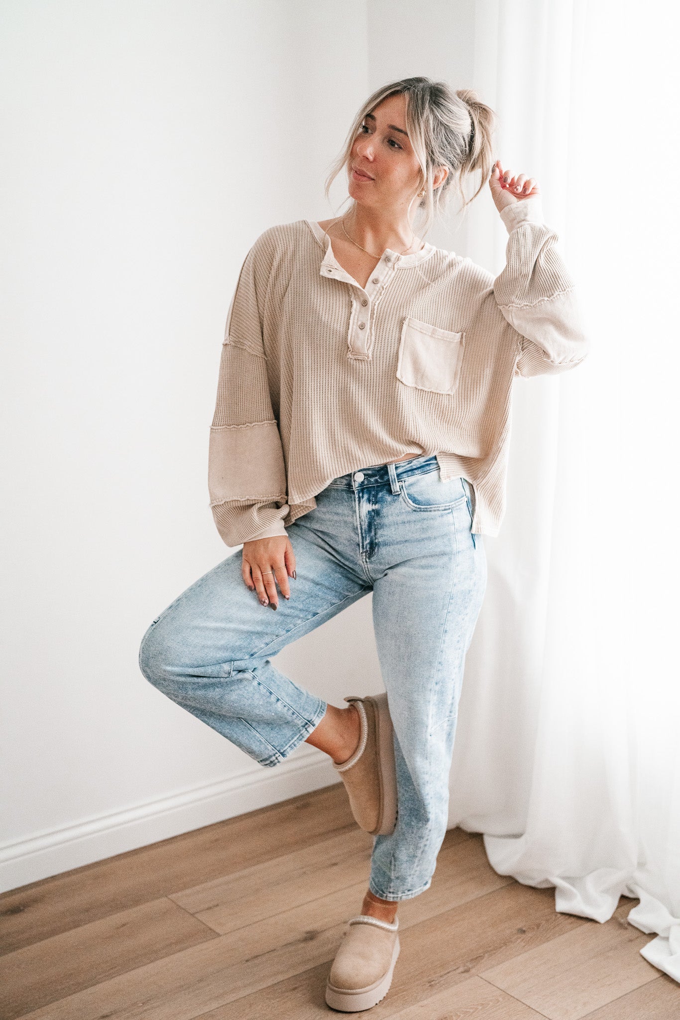 Coffee Hour Waffle Knit Top - Beige