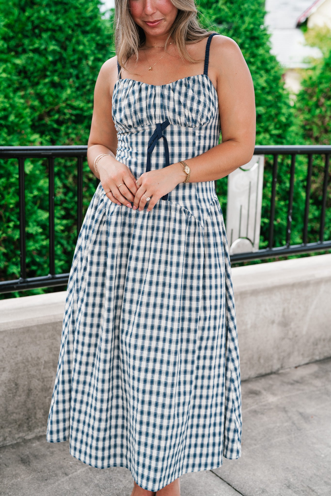Gingham Daydream Midi Dress - Navy Blue
