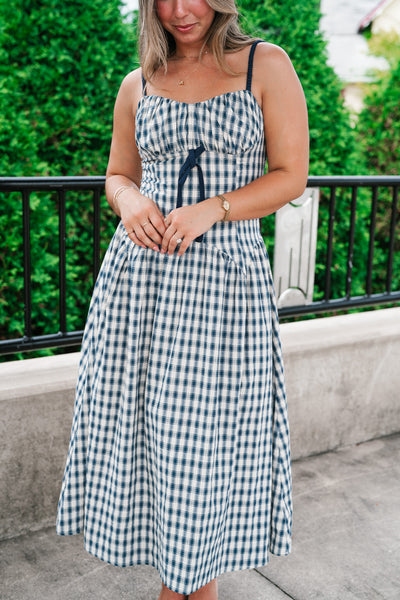 Gingham Daydream Midi Dress - Navy Blue