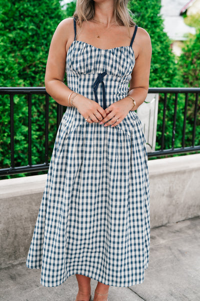Gingham Daydream Midi Dress - Navy Blue