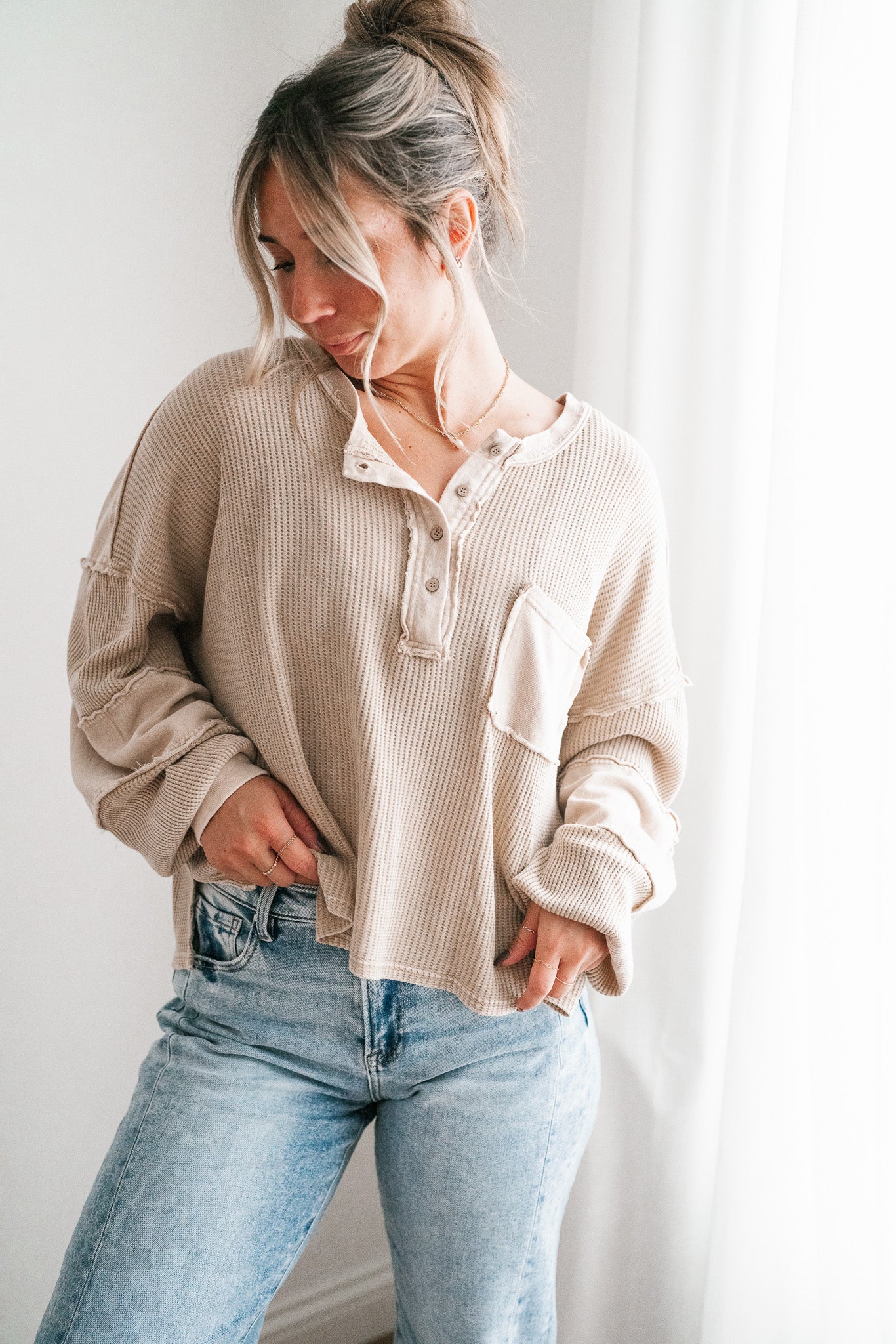 Coffee Hour Waffle Knit Top - Beige