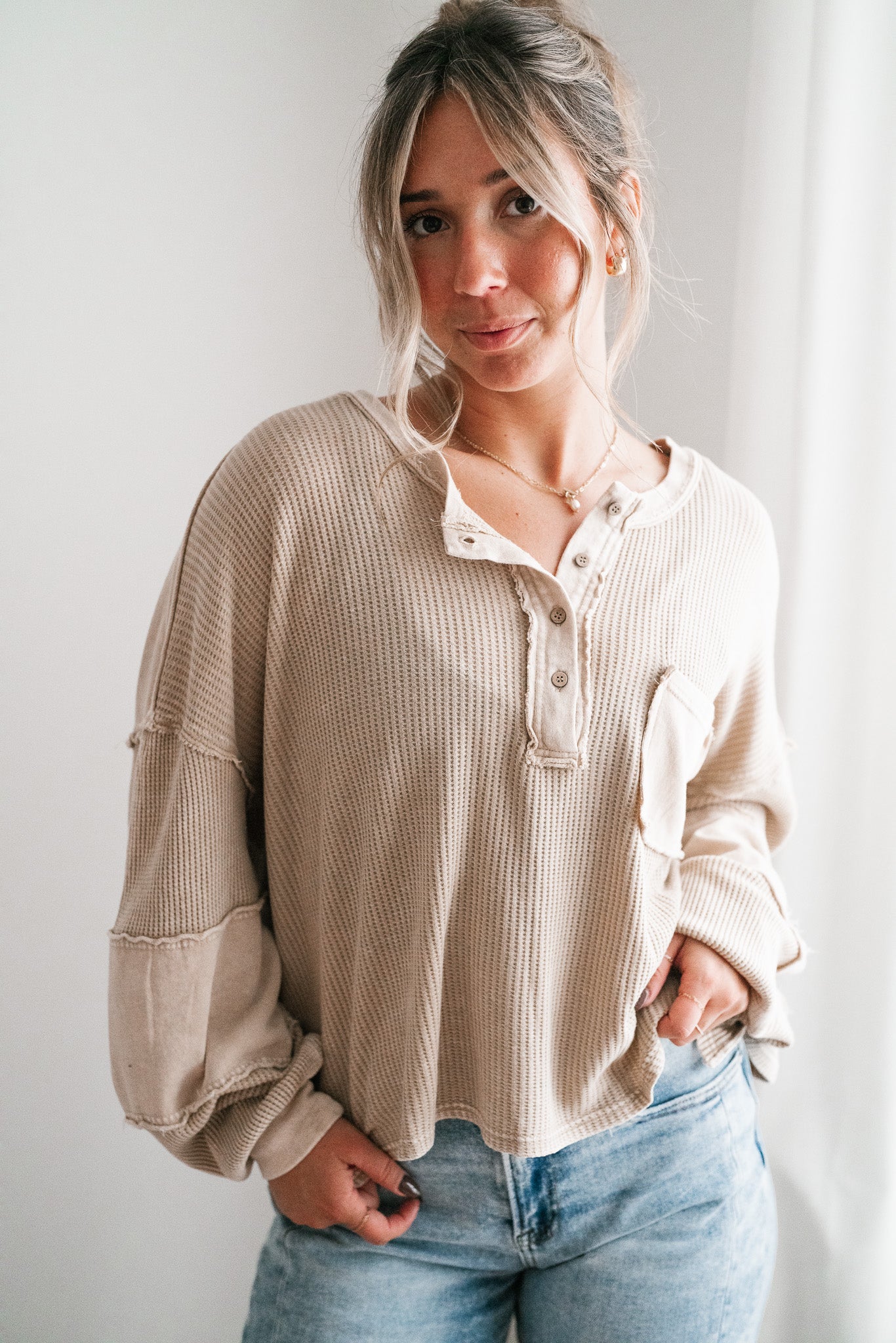 Coffee Hour Waffle Knit Top - Beige